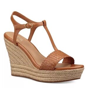 UGG Fitchie Tan leather T strap espadrille platform Wedge Sandals 6
